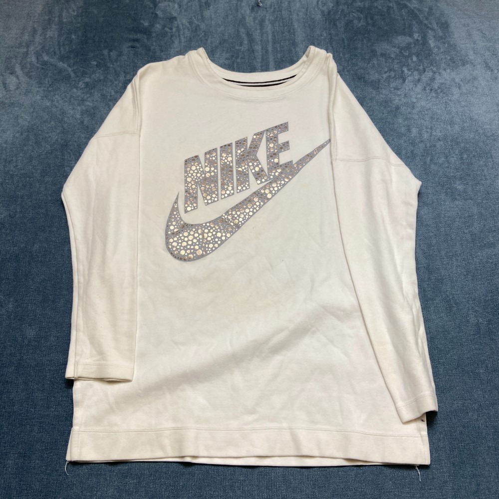 Nike Rally Sweatshirt Womens Large White Big Swoosh Logo Long Sleeve Side Slit